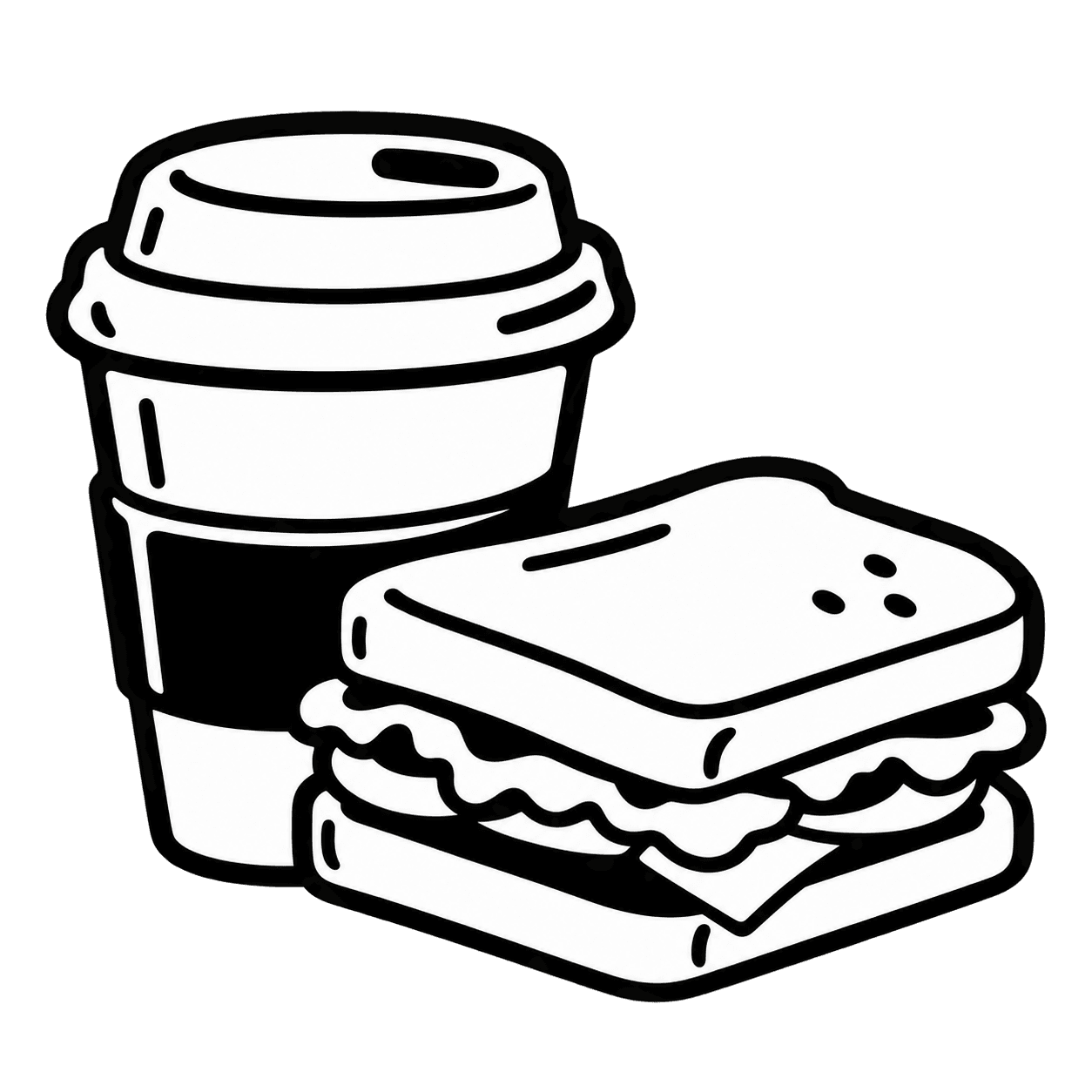 Illustration of a coffee cup and a sandwich
